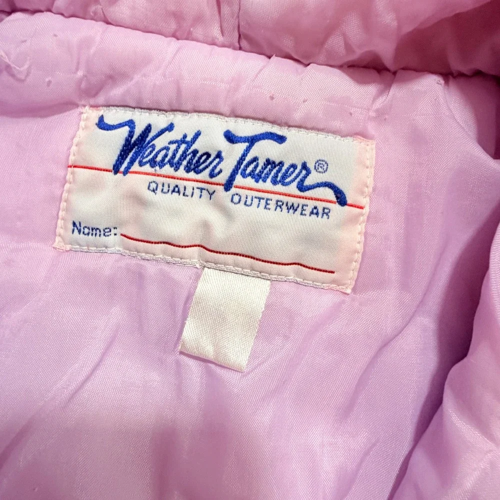 Vintage 80s Weather Tamer Girls Pink Hooded Puffer Jacket Heart Embroidery 12M